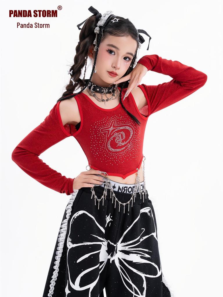 Girls' Trendy Sequin Rhinestone Dance Set: Long Sleeve T-Shirt and Pants for Street Dance Performance
