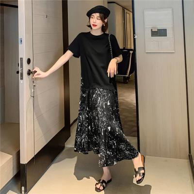Women's Fashion Summer Spring Colour Block Print Short Sleeve O-Neck Loose Waistline Casual Dresses