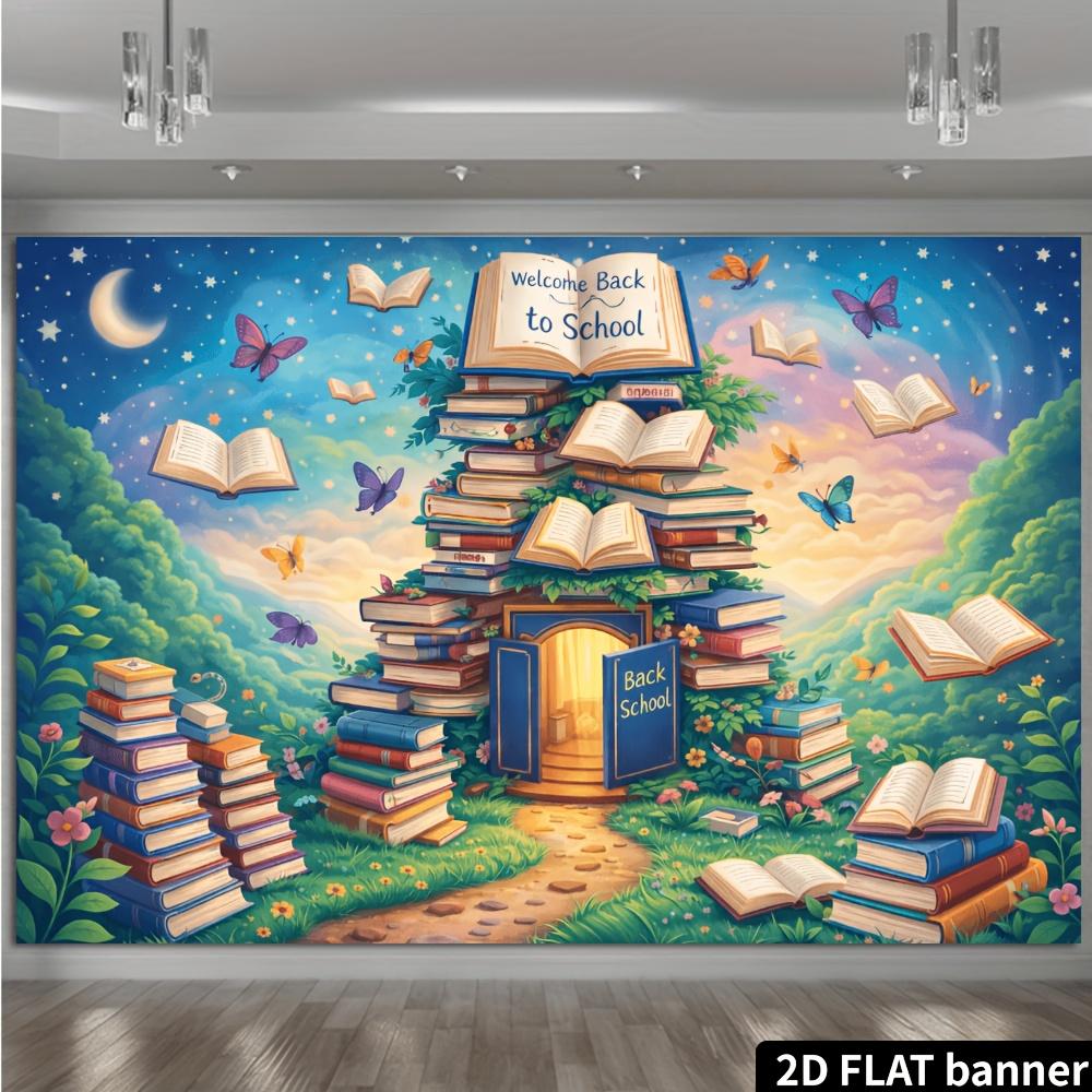 Bannière Plate 2D - Bannière Thème Saison Scolaire - Tissu de Fond avec Motif Château de Livres, présentant des livres flottants.