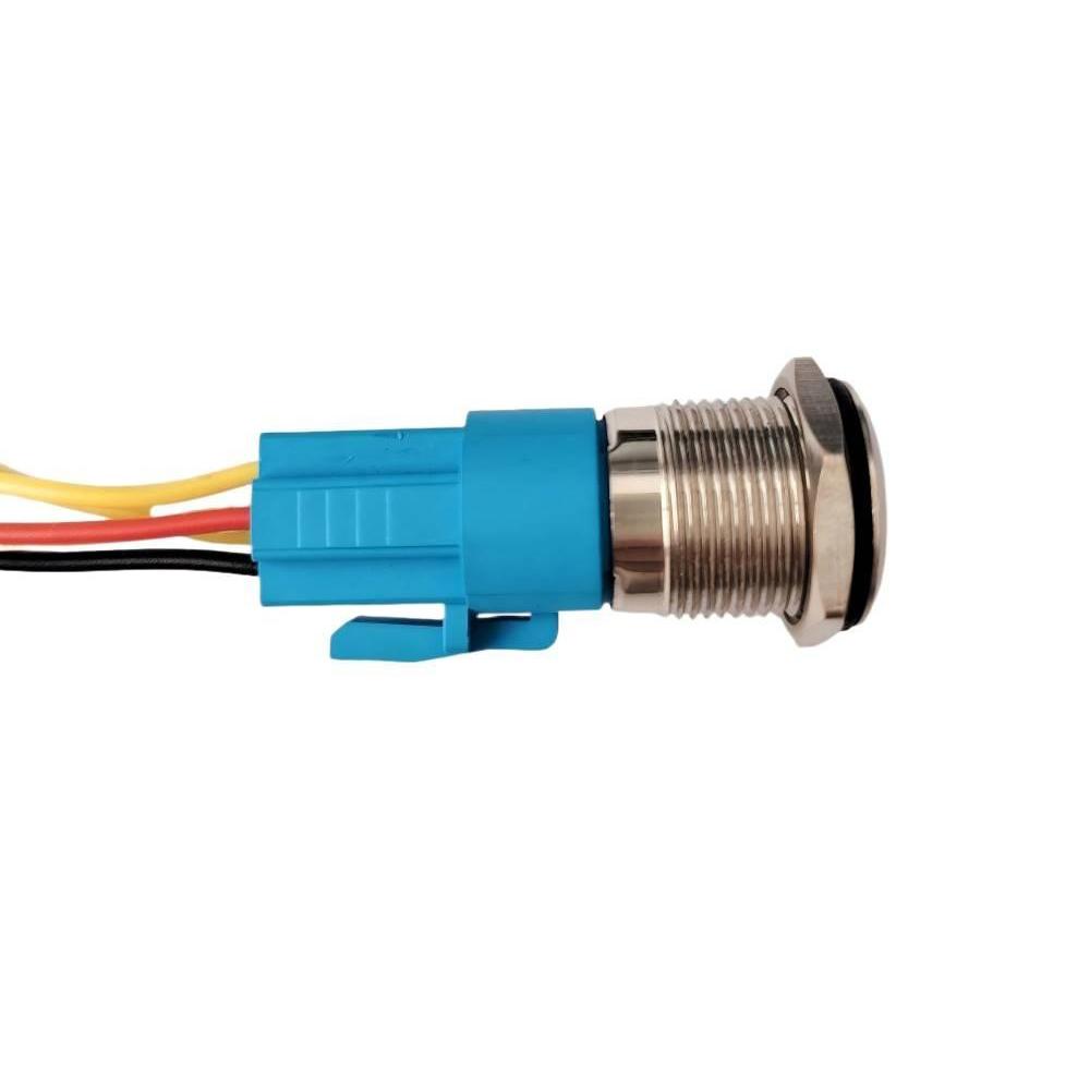 16mm Metal Self-Locking Pushbutton Switch 12-24V Waterproof Red Power Symbol LED 250mm Wire Buckle Connector Solder-Free Button