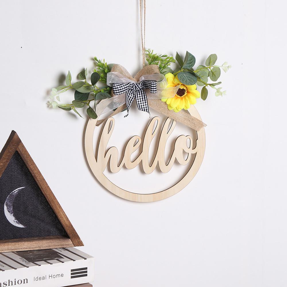 Round Outdoor Hanging Ornament Wooden Pendant Welcome/hello Sign Wreath Set With Bow Home Decoration