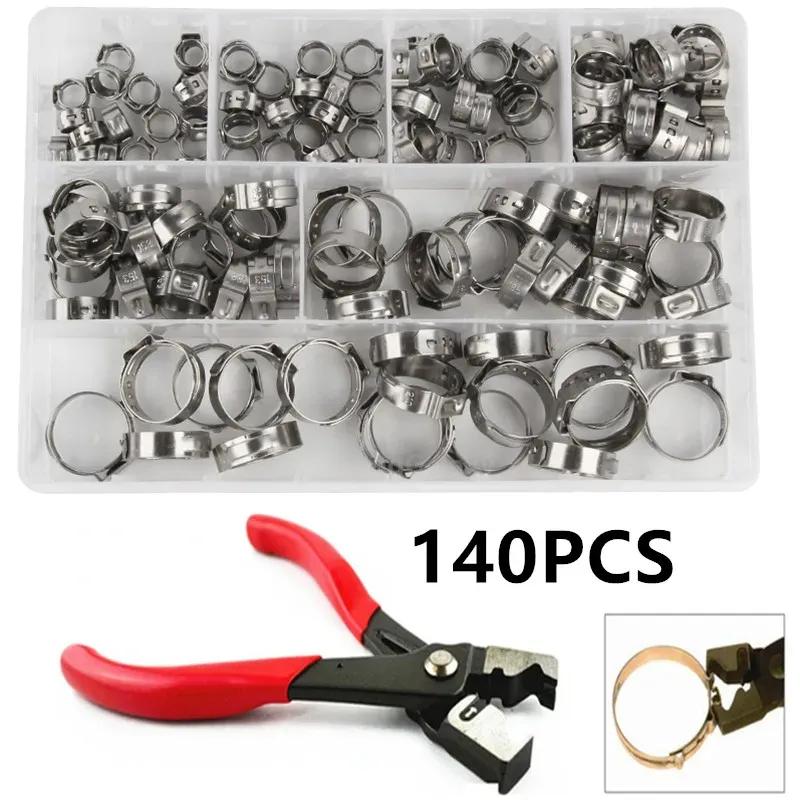 140pcs Assorted 7-21mm Single Ear Stepless Hose Clamps 1PC Hose Clip Clamp Pliers Hose Clamps Set plier