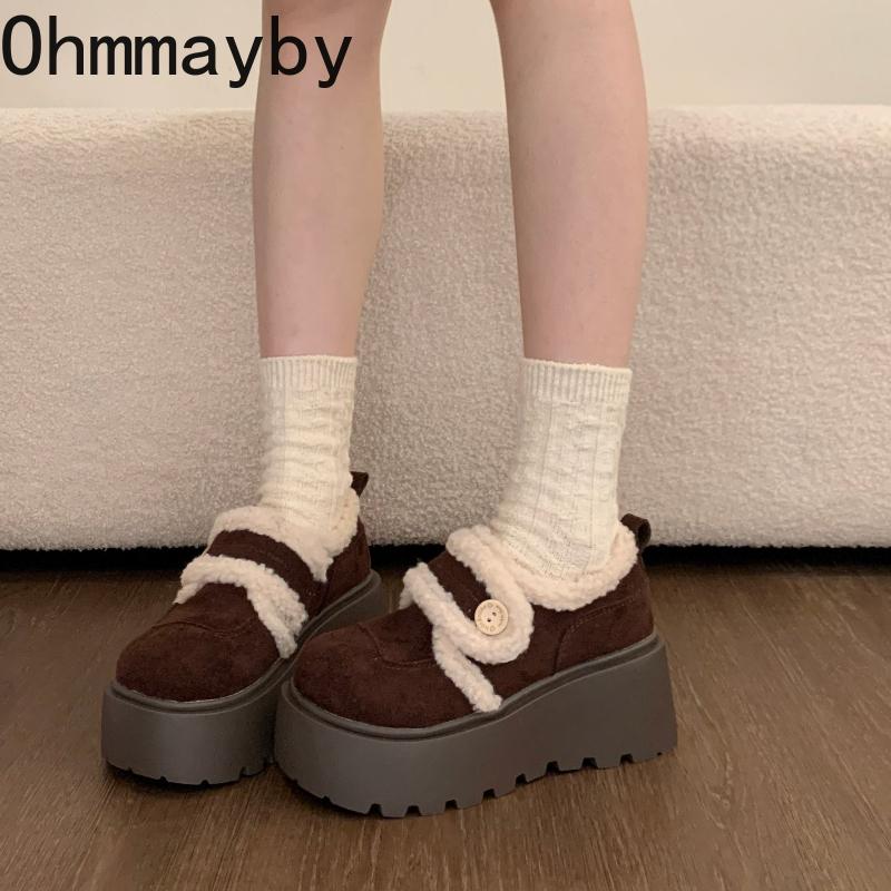Vintage Women Fur Lining Chunky Loafer Shoes Comfrot Warm Snow Shoes  Spring Height Increase Ladies Dress Slip On Shoes