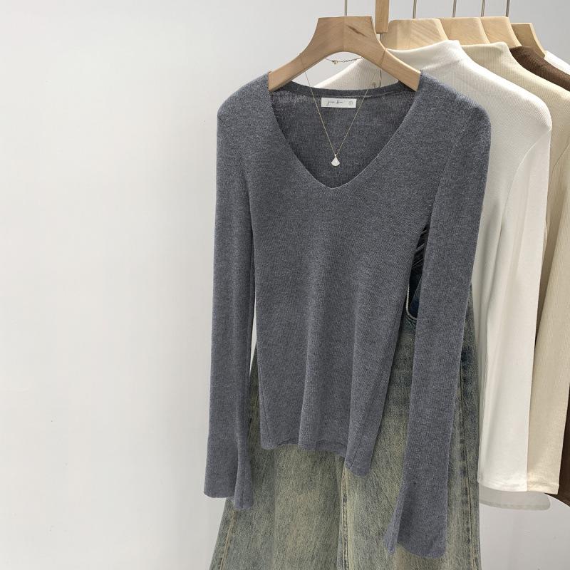 Women s Autumn 2025 Slimming Korean V-neck Knit Top Large серый