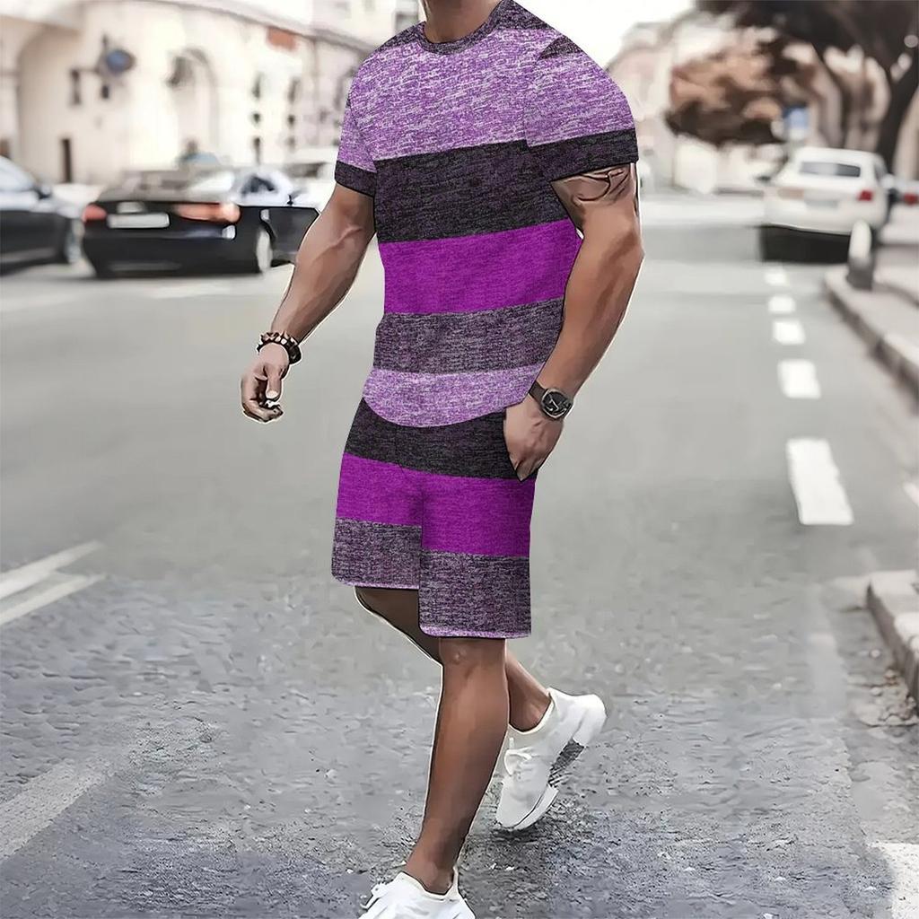Men Grey White Vertical Thin Stripe Short Sleeve Tee And Matching Shorts Two Piece Suit
