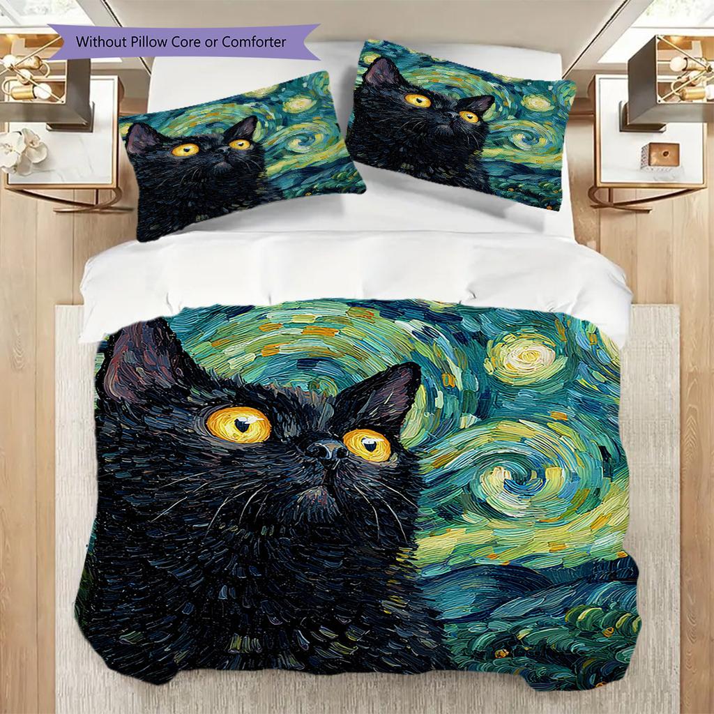 Set Copripiumino Trapuntato con Motivo Gatto Nero Federa Decorazione per la Casa Regalo di Compleanno (1 * copripiumino + 2 * federa, senza nucleo)