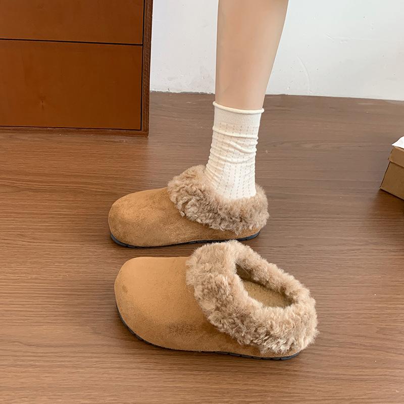 Retro, fashionable and versatile thick-bottomed fluffy slippers for women's autumn and winter wear, piled warm and comfortable Birkenstock cotton