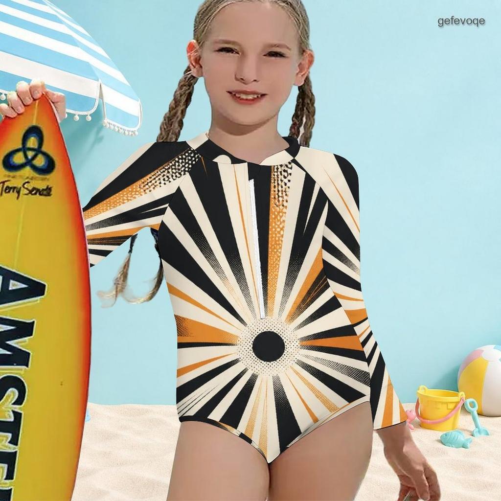 Girls High Neck Long Sleeve Front Zip Geometric Printed One Piece Swimsuit