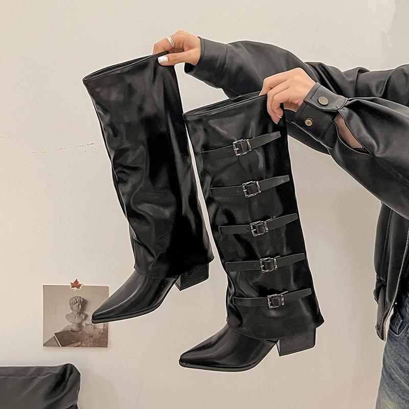 Fashion Pointed Toe Women Knight High Boots Designer Belt Buckle Platform Heel Shoes Autumn Winter Thick Heel Ladies Long Booties