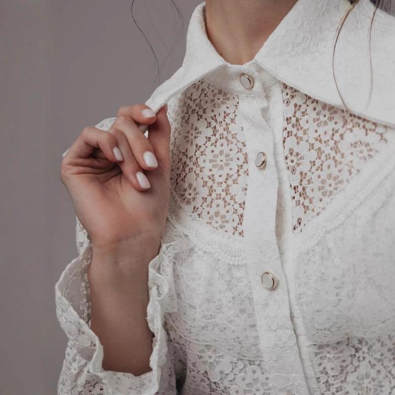 White Elegant Lace Women Shirt See Through Ruffled Fashion Spring Summer Loose Long Sleeve Blouse Female Hollow Out Lapel Fashion Sweet Tops