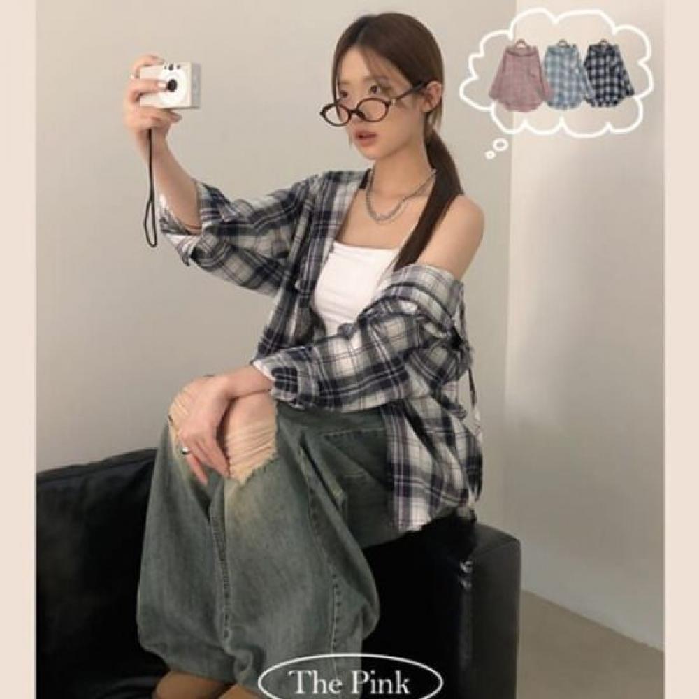 The Pink Oversized Vintage Pocket Check Hoodie Shirt