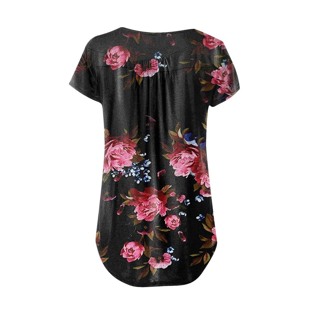 Women's Summer Casual Flower Print Short-sleeved Loose  A-line Swing Top