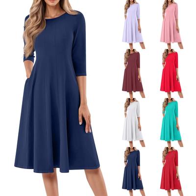 Women's Casual Fashion Round Neck Three Quarter Sleeve Solid Color Midi Dress