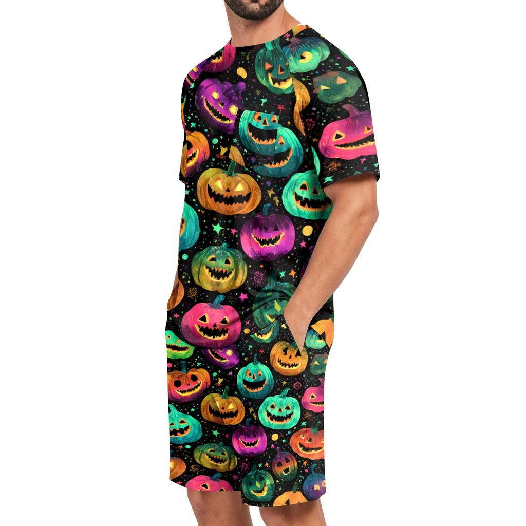 Men's Halloween Casual Pajama Set Short Sleeve Top and Shorts Comfortable Lightweight Sleepwear for Home Relaxation