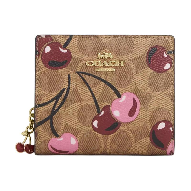 COACH Snap Wallet 10 Cherry Print Metal Logo Signature Coated Canvas Wallet Women s Tan Multicolor Tan and multicolor золотой