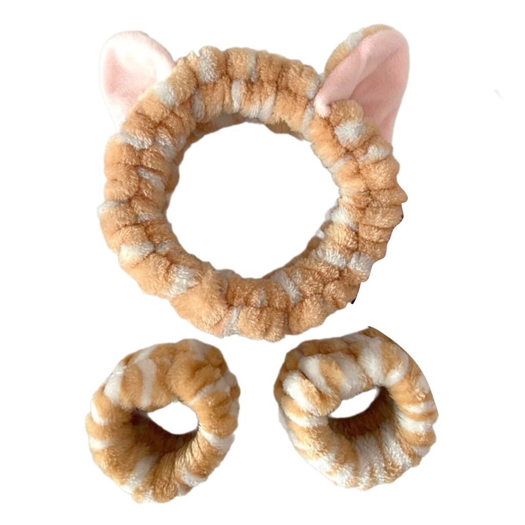 1set Elastic Women Shower Hairband & Wristband Cute Kitten Plush Face Wash Hairband Home Makeup Headband Wristband