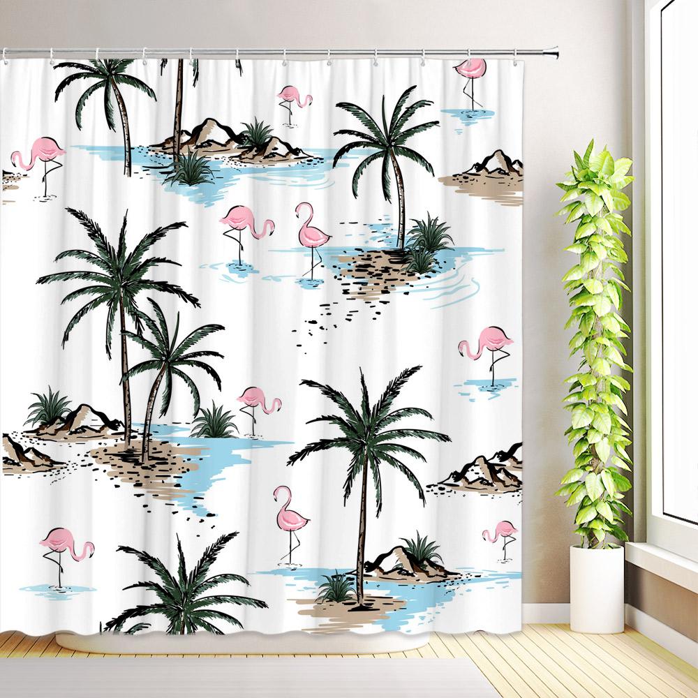 Tropical Palm Tree Travel Camping Car Shower Curtains Summer Ocean Surfboard Beach Camper RV Flamingo Bathroom Decor with Hooks