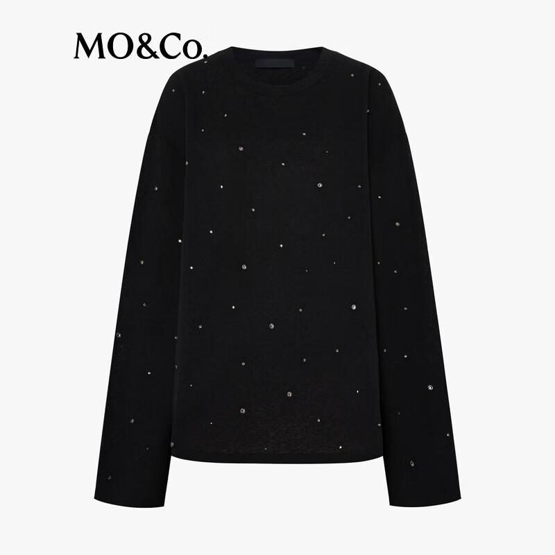 MO&Co. 2025 Spring Loose-Fit Linen Blend Rhinestone Round Neck Knit Top