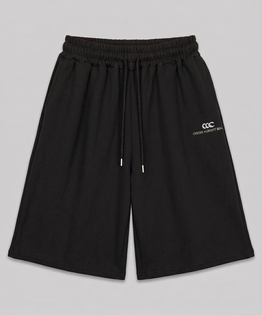 CHICKS All-Light Embroidered One-Pleat Wide Bermuda Sweatpants Black