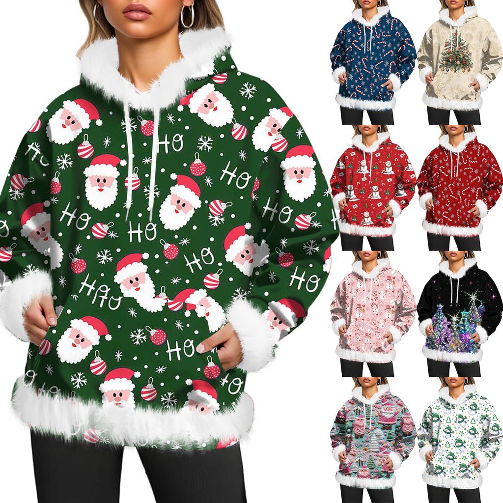 Women's Christmas Casual Fleece-Lined Hoodie With Long Sleeves And Pockets Sweatshirt Top