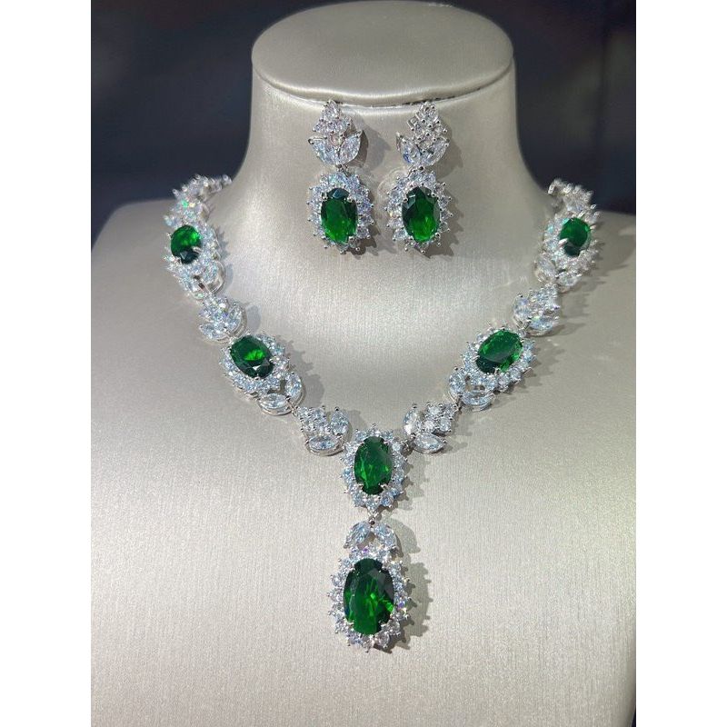 European and American High End Luxury Simulation Ruby Necklace Earrings Ring Women Colored Gems Zircon Bridal Banquet Formal Dress Set