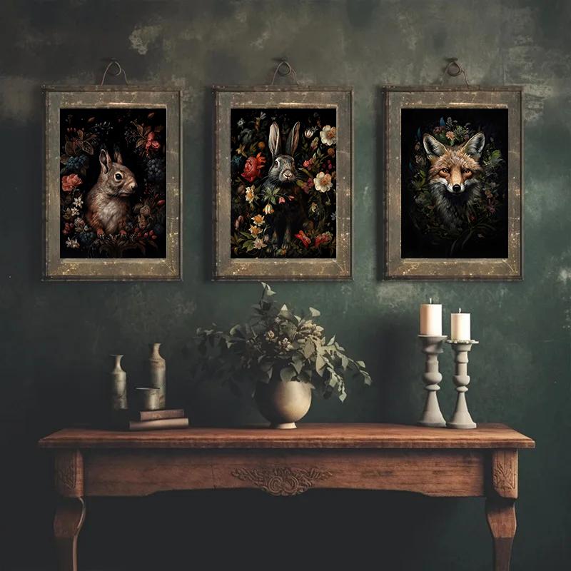 Vintage Dark Academia Floral Woodland Butterfly Bee Rabbit Botanical Animals Poster Canvas Painting Wall Art Pictures Home Decor