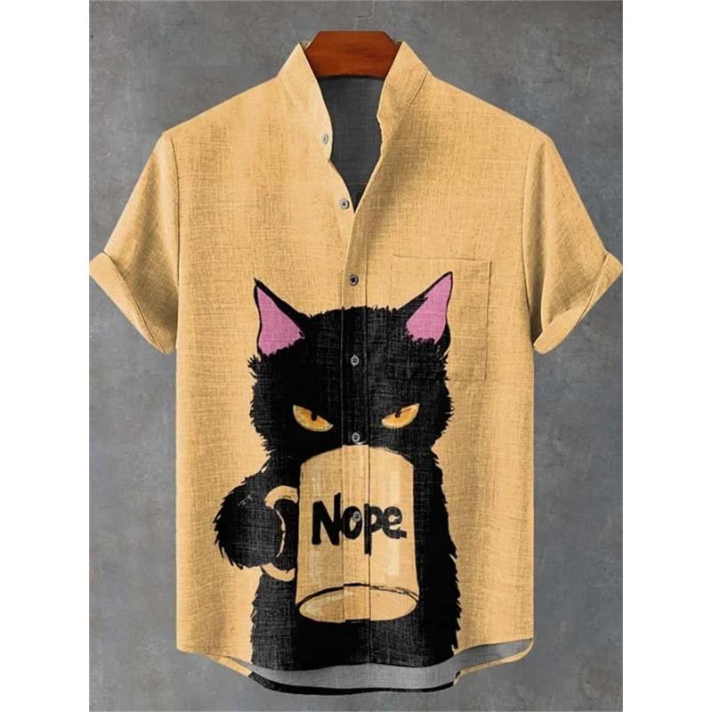 Men's short-sleeved shirt with a fun cat print, stand-up collar, single-breasted casual style. Hawaiian shirt, men's unique top.