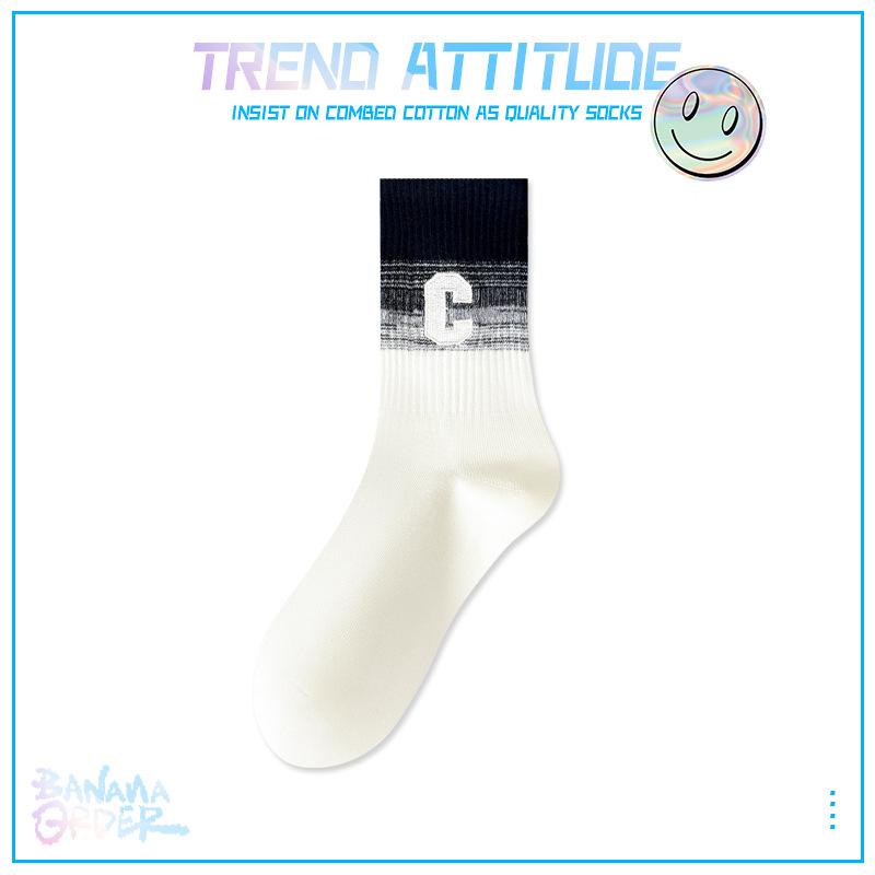 5 Pairs of Female Autumn and Winter Cotton Trend Embroidery Gradient Color All Match Sports Tube Socks