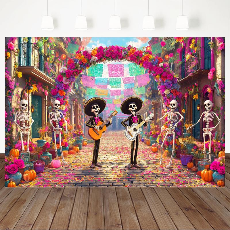 Mocsicka Day Of The Dead Photography Backdrop Colorful Mexican Street Skeleton Background Kid Floral Photo Banner Party Tapestry