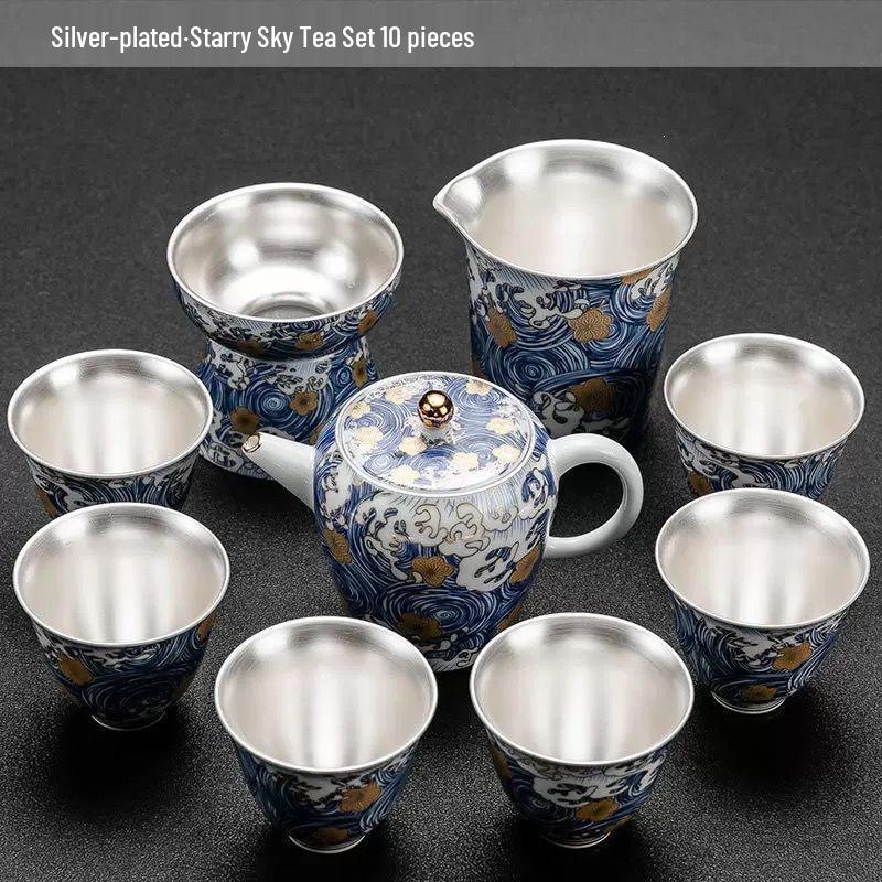 Silver-Plated Ceramic Kung Fu Tea Set: Complete Home Gift Box with Tea Cups and Pot