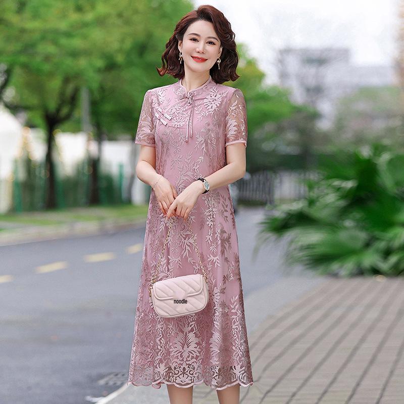 Retro Chinese Style Cheongsam Knee-Length Dress for Middle-Aged Women