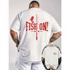 European sizes Men'S Graphic T-Shirts Featuring a Fishing Design - White with Red "FISH ON!"