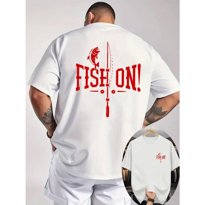 

European sizes Men S Graphic T-Shirts Featuring a Fishing Design - White with Red FISH ON! 4XL білий