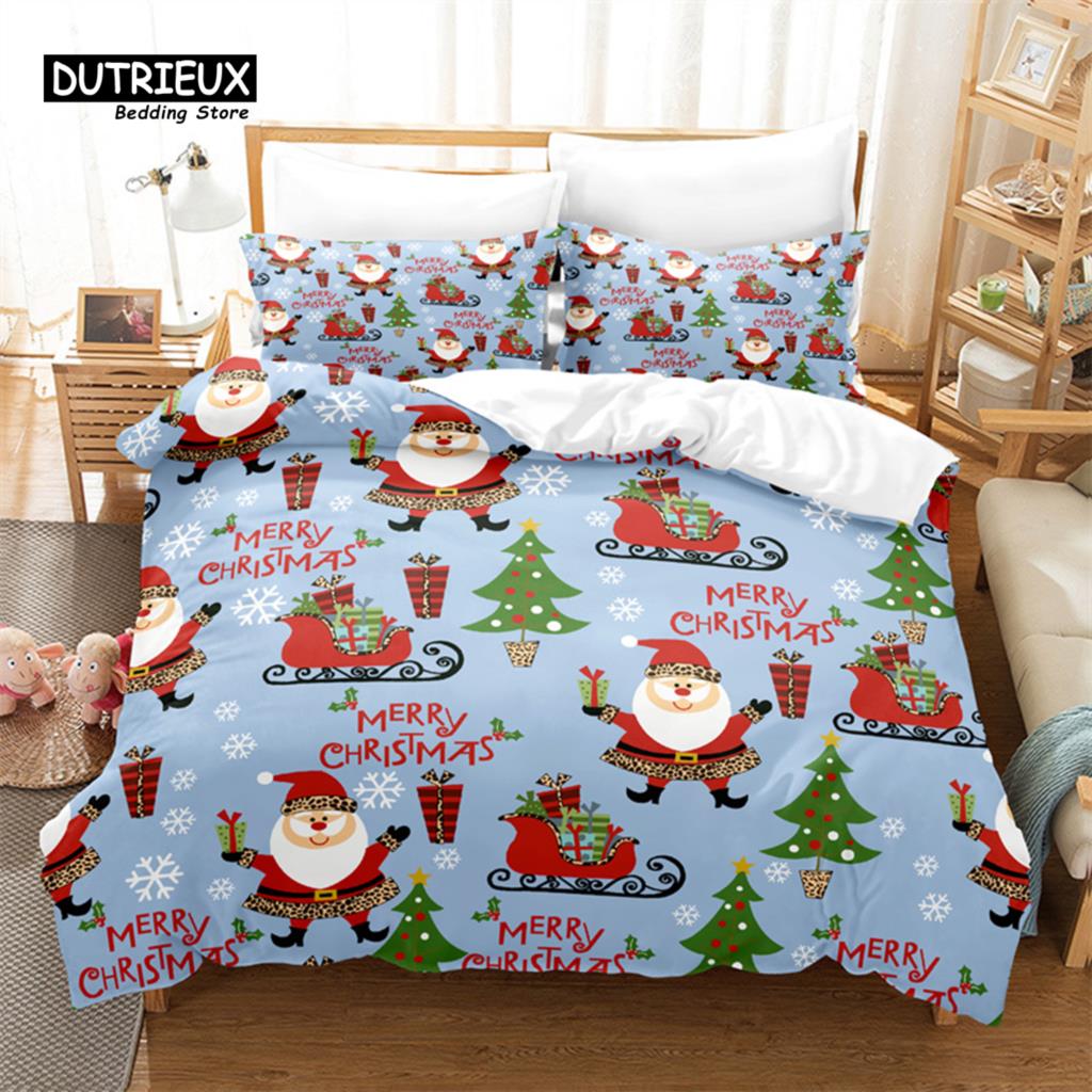 3pcs Christmas Duvet Cover Set, Cartoon Santa Claus Bedding Set, Soft Comfortable Breathable Duvet Cover, For Bedroom Guest Room