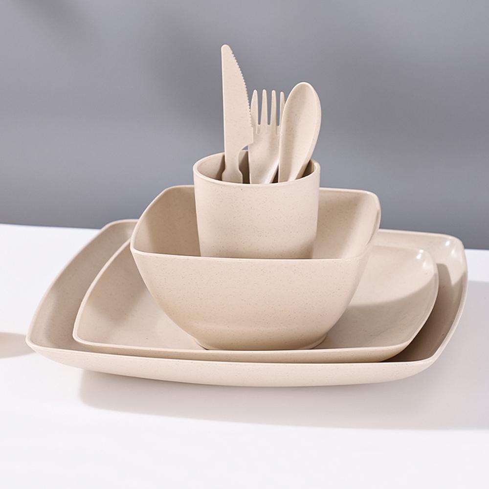 

Wheat Straw Cutlery Set 7Pcs Bowl Cup Dish Set Portable Tableware Set with Knife Fork Spoon Dinnerware Kits for Picnic Camping