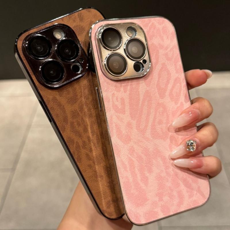 Leopard Texture Leather Plating Bumper Phone Case For For Iphone 11 12 13 14 1 16 17 Pro Max Lens Protector On 1 Plus Cover