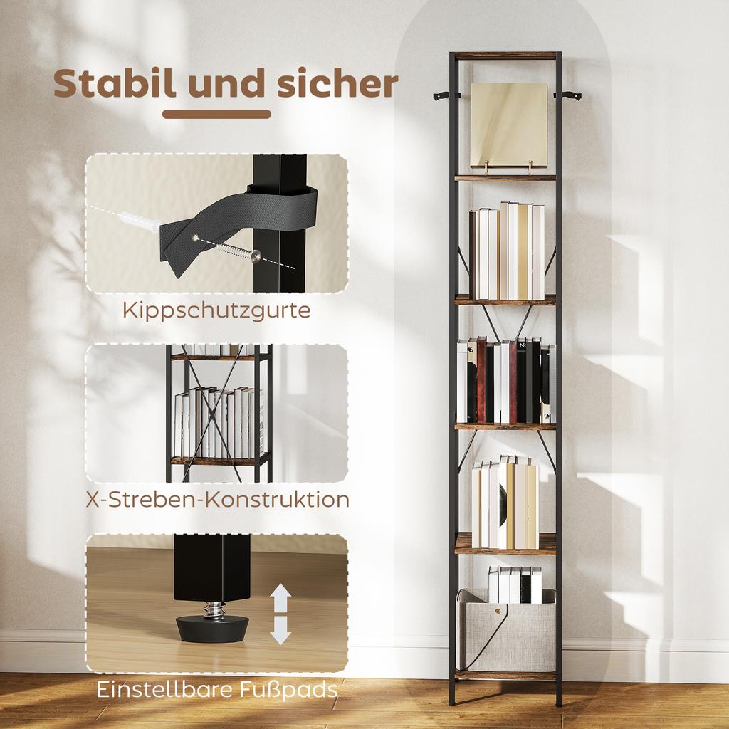 Set of 2 6-Level Bookshelves, Steel Frame, for Living Room, Office, Bedroom, Rustic Brown