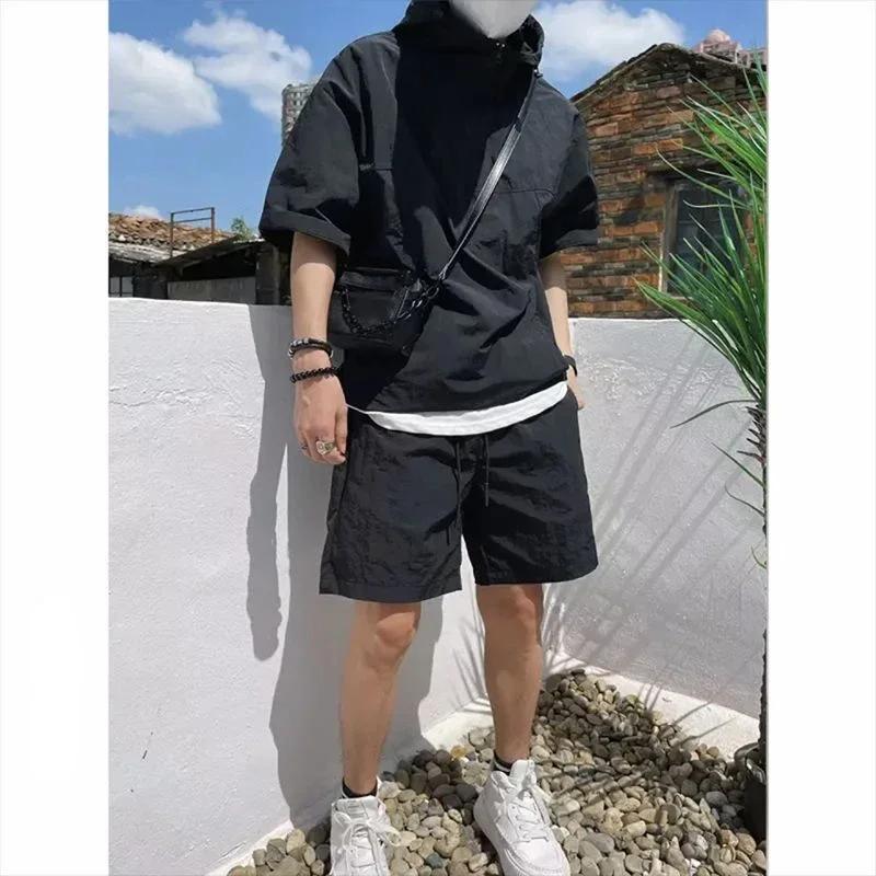 Summer Cargo Style Set Men's Casual Hooded Solid Short Sleeve T-shirt Shorts Loose Handsome Sweatshirt Suit