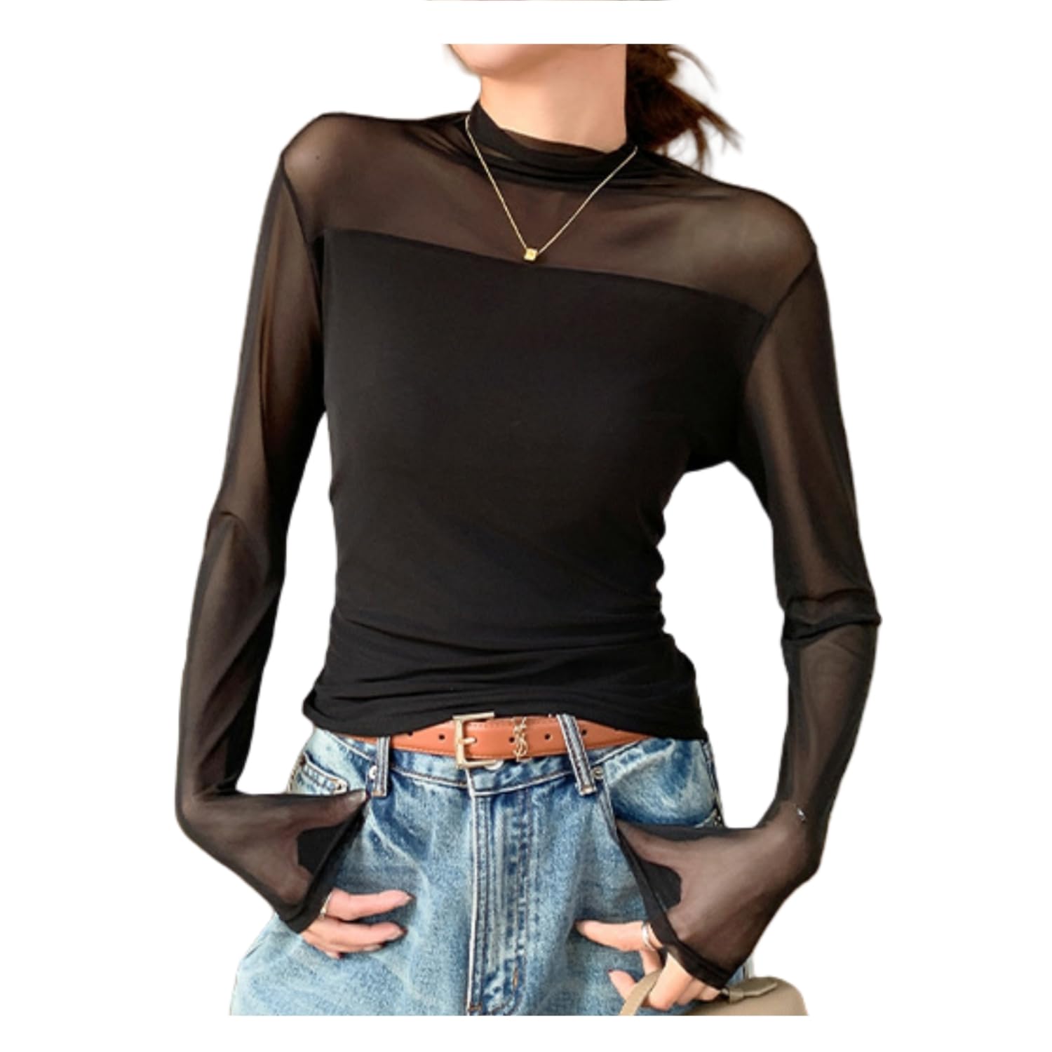 

Weuiean Пуловер с высоким воротом, длинный прозрачный тюль, размер женский, прозрачный топ, рукав, стрейч, SCWS-55 (Черный, М) чёрный