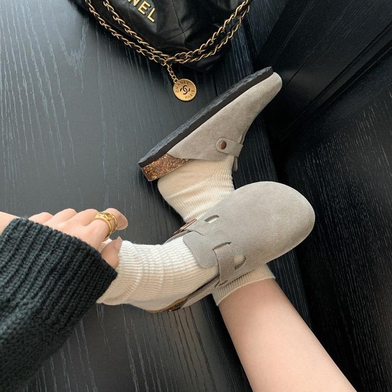 Sheepskin version~ cork thick-soled leather half-slippers for women to wear outside in summer, baotou muffin, cool slippers, half-tray shoes