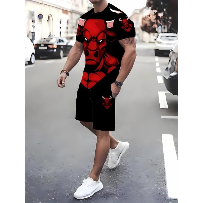 Herren Atmungsaktives Lässiges Kurzarm-Shorts-Set 3D-Bedruckt Outdoor Urban Street Top Shorts Lässiges Zweiteiler-Set
