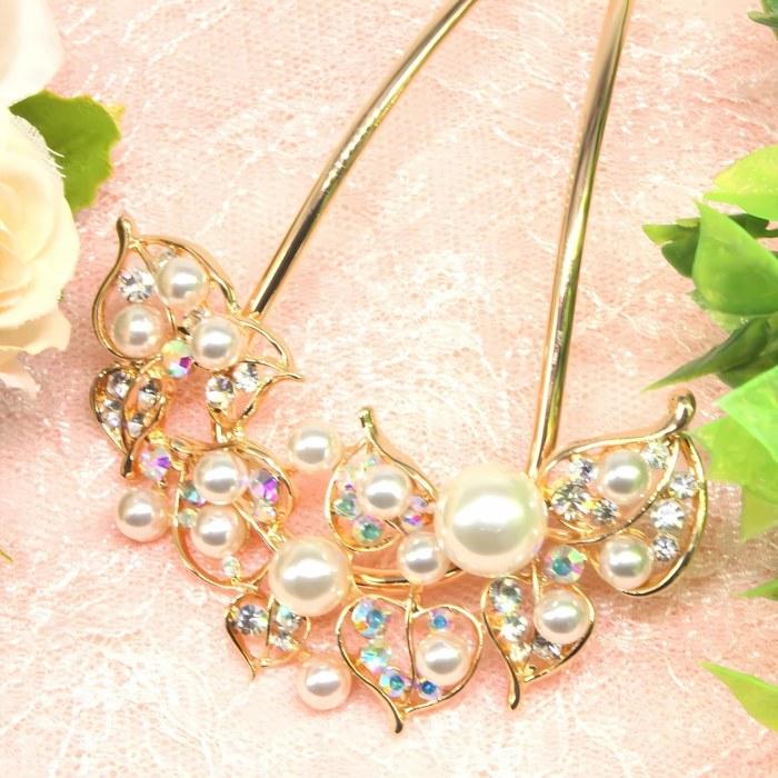 [Miaomyao] Hairpin U-Shaped Hair Ornament Japanese Style Yukata Kimono Pearl Hair Comb Elegant Hair Accessory Pink Gold Large Size