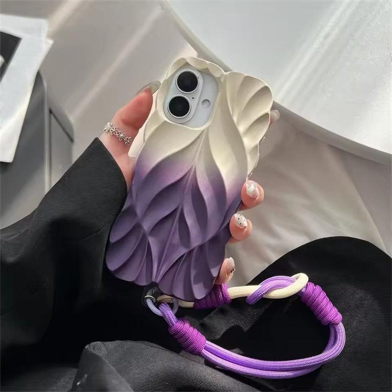 Gradient Pleated Leaf Texture Phone Case with Wrist Strap for iPhone 16 Pro Max 15 14 Plus 13 Shockproof Protectiv Back Cover