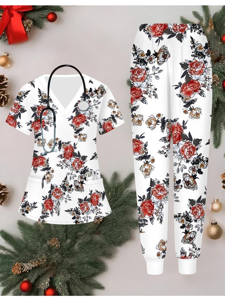 Ensemble d'uniforme d'infirmière pour femme imprimé de fleurs 3D, manches courtes, pantalon long avec poche, décontracté, à la mode, cadeau de Noël
