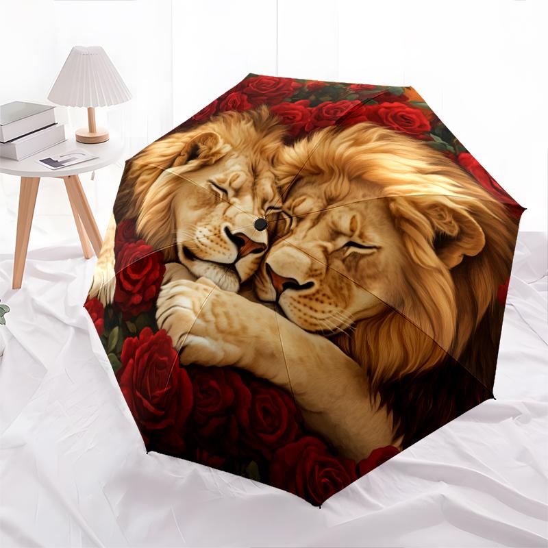 Lion and Rose pattern, automatic folding umbrella, portable and foldable design, 8 ribs, a Christmas or birthday gift.