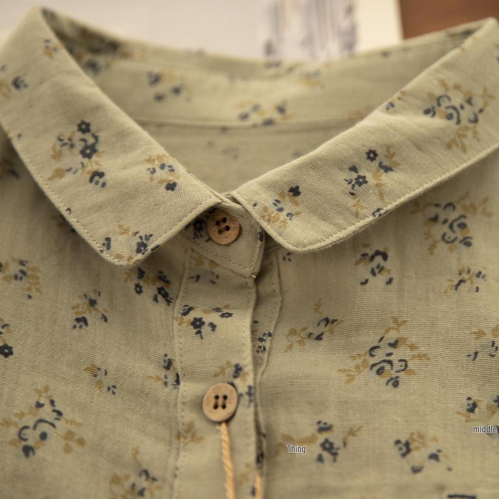 Spring Yuanbao Collar Floral Print Double Layer Gauze Cotton Shirt - Women's Loose Cotton Linen Style