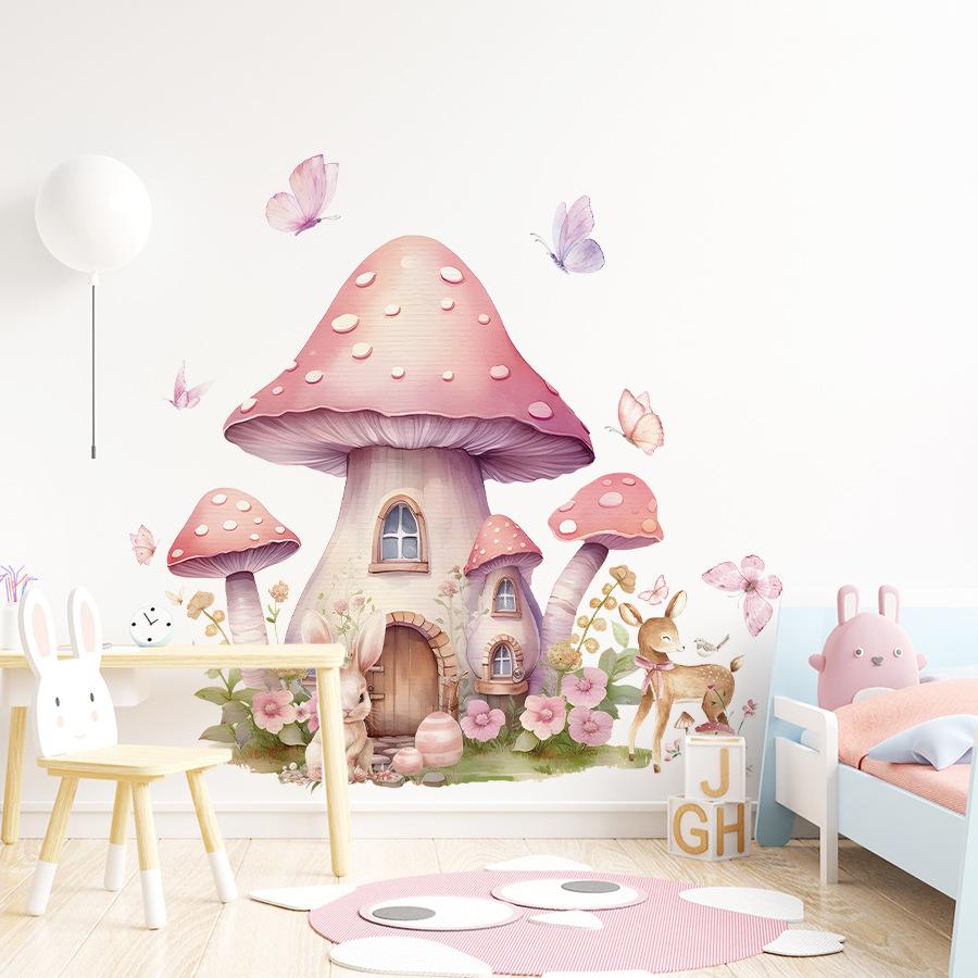 Cute Girly Cartoon Pink Mushroom House Wall Stickers, Self-Adhesive Fairy Tale Decor for Room Background Wall Decoration