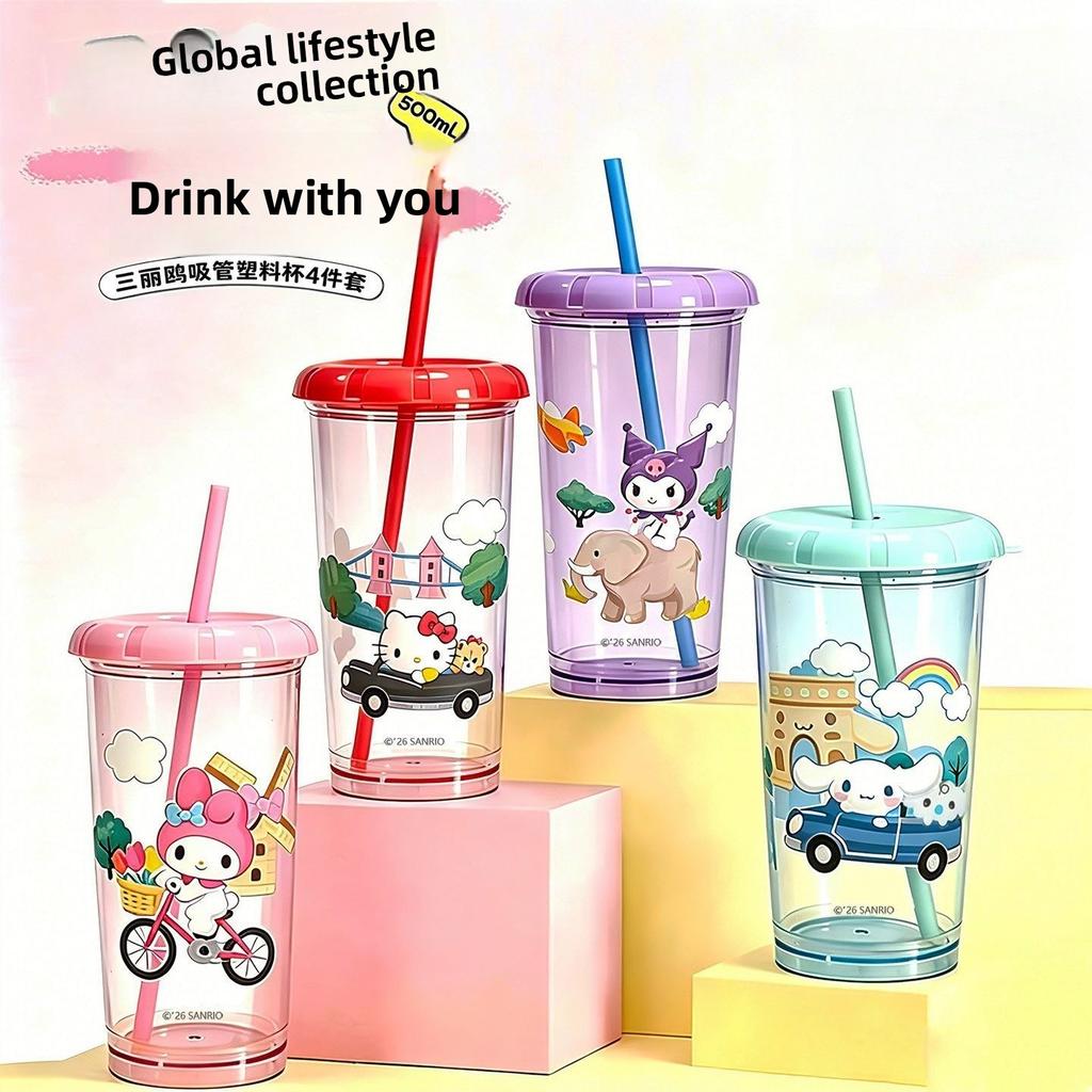Genuine Sanrio Four-Piece Straw Cup Global Life Series Plastic Straw Water Cup Sharing Set For School Students
