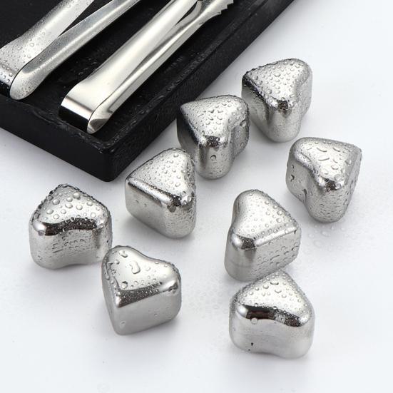 Heart-Shaped Whiskey Stones Reusable 304 Stainless Steel Non-Diluting Drink Chillers for Wine Cocktails with Tongs Dishwasher Safe Cooling Blocks