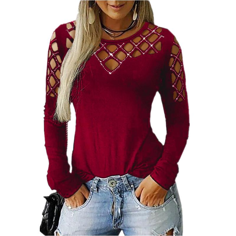 Long Sleeve Shirts for Women Oversized Crewneck Cut Hollow Rhinestone Tops Tshirts New Autumn Winter T-Shirt Top
